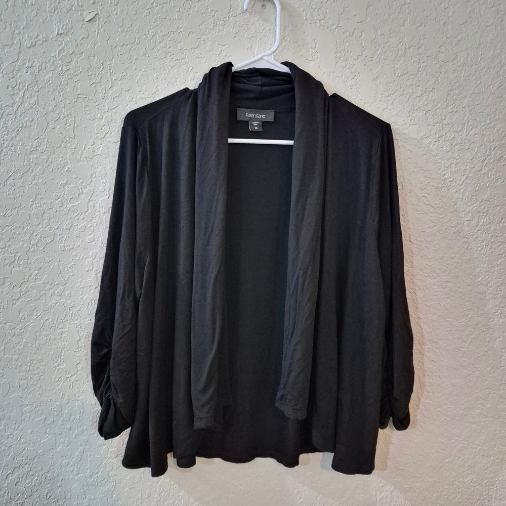 Karen Kane Ruched Sleeve Open Front Cardigan 1X Black Draped Shawl Collar Plus